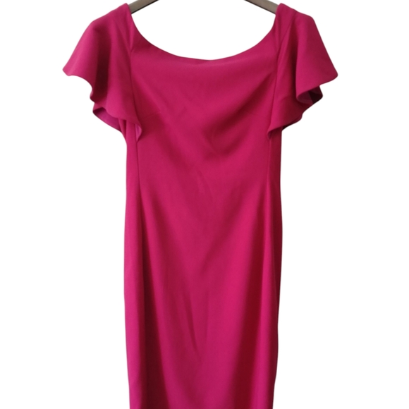 One-Shoulder Fuchsia Midi Dress with Flutter Detail - Picture 2 of 8